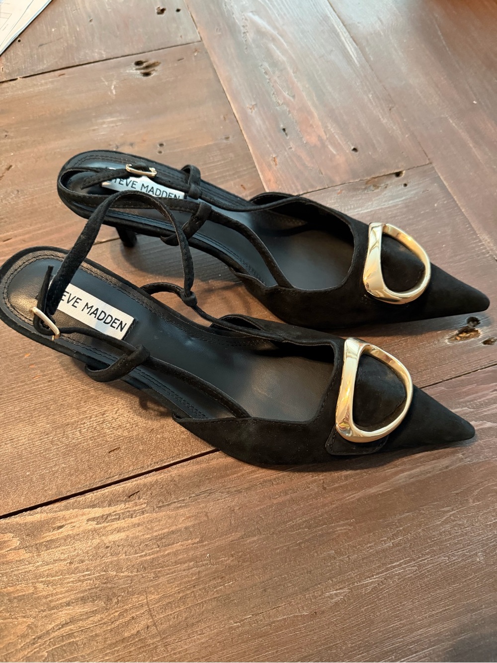 Steve Madden Gianah sling back pump heel black suede leather 8.5 NEW gold buckle